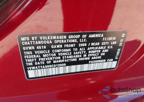 2016 Volkswagen Passat 1.8T S from USA, damaged, VIN 1VWAT7A30GC012930